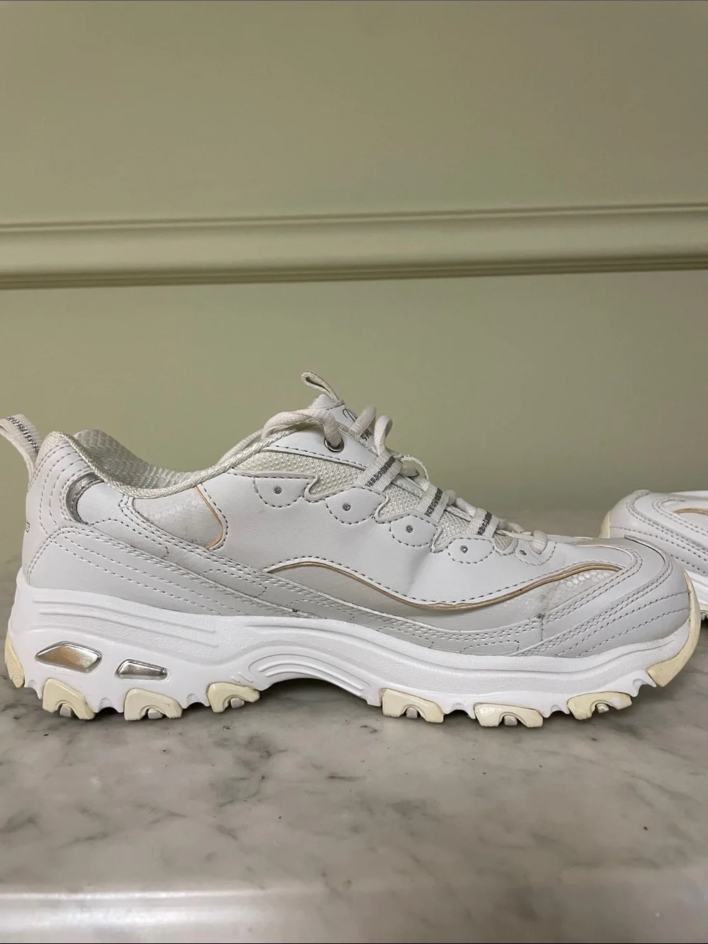 Skechers White Leather Lace-Up Sneakers with Cream Accents